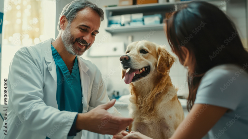 Veterinarian examines a golden retriever during a check-up in a cozy clinic, highlighting the bond between pet and owner Veterinarian examines a golden retriever during a check-up in a cozy clinic, highlighting the bond between pet and owner