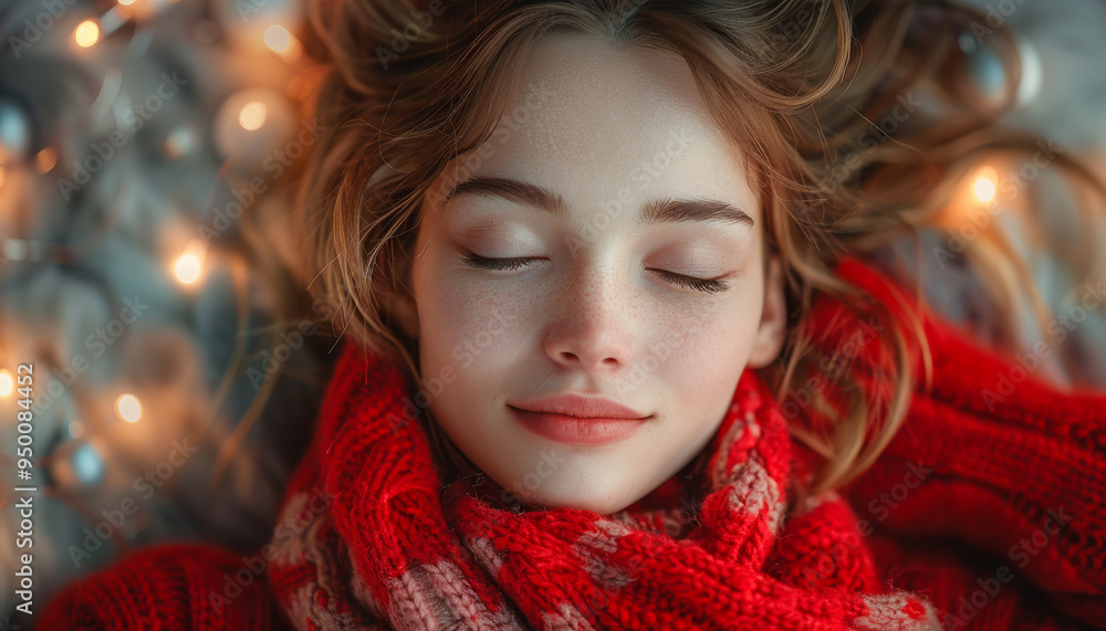 A woman is laying down in a red sweater and scarf. She is smiling and she is relaxed A woman is laying down in a red sweater and scarf. She is smiling and she is relaxed