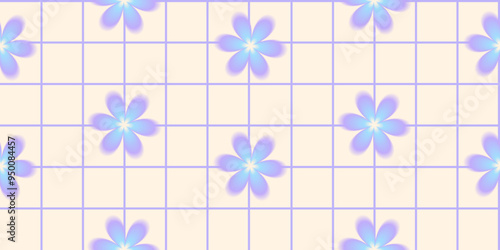 Seamless checkered pattern with blurry aura flowers in purple and blue colors. 2000s gradient illustration for textile, wrapping paper, background,  fabric, wallpaper, cover, print design. Vector