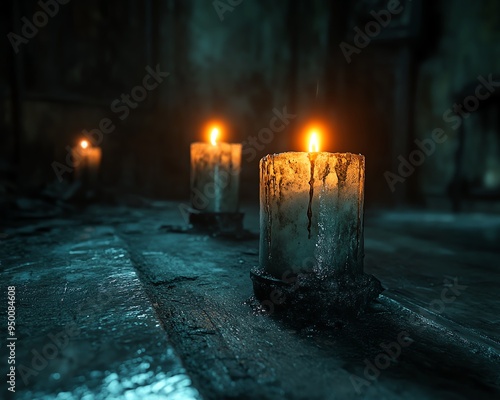 Candles with ghostly glow in a dark, abandoned mansion, eerie light casting on cracked walls, high detail, haunted and unsettling photo