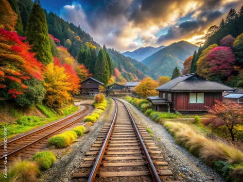 dreamy nostalgic rural japan countryside scenery slowshutter speedlines autumn foliage rustic railway crossings