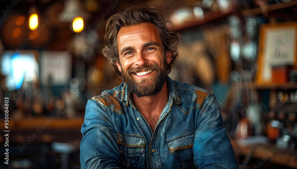 A man with a beard and a blue shirt is smiling. He is sitting at a bar. The bar has a lot of items on it, including a TV, a clock, and a few cups A man with a beard and a blue shirt is smiling. He is sitting at a bar. The bar has a lot of items on it, including a TV, a clock, and a few cups