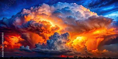 vibrant fiery thunderhead clouds exploding with red hot lightning vivid orange hues against deep blue dramatic skies sense of foreboding ominous mood sharp focus
