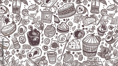 Sweets and fruits as background in 2D illustration.