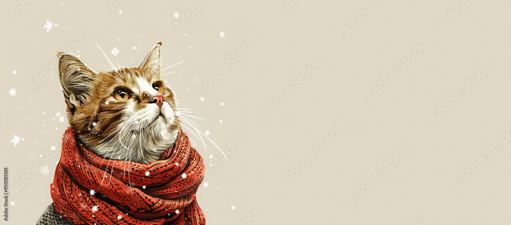 Funny cat in red knitted scarf. Christmas or New Year greeting card. retro, vintage, cartoon illustration. Funny cat in red knitted scarf. Christmas or New Year greeting card. retro, vintage, cartoon illustration.