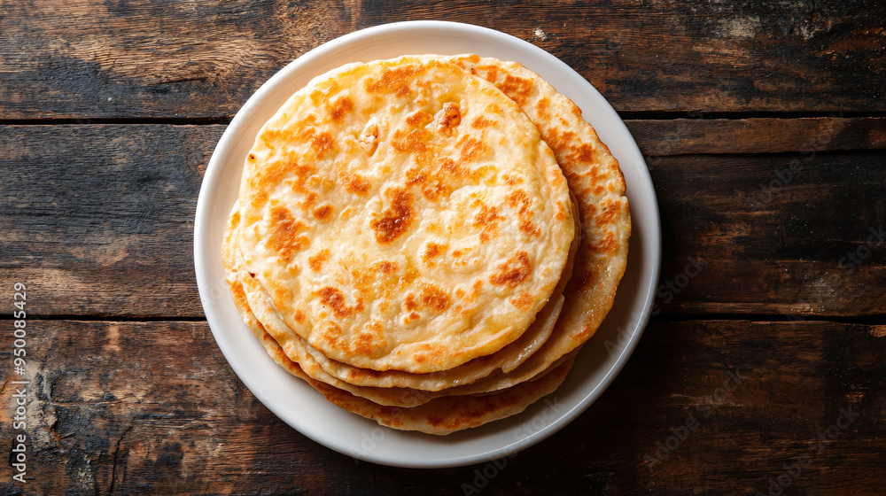 Freshly cooked naan bread stacked on a white plate, set on a rustic wooden table Freshly cooked naan bread stacked on a white plate, set on a rustic wooden table