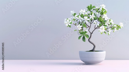 A bonsai tree with a gracefully curving trunk and delicate white flowers, set in a minimalist grey pot, isolated against a soft pastel background.