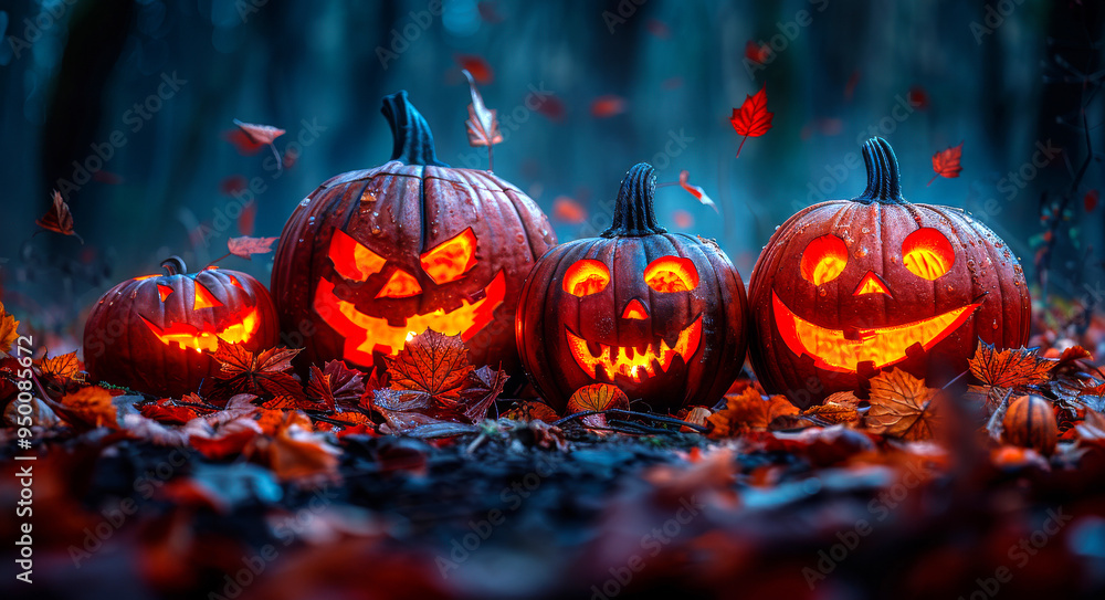 Four pumpkins with scary faces are lit up in the dark. Scene is spooky and eerie Four pumpkins with scary faces are lit up in the dark. Scene is spooky and eerie