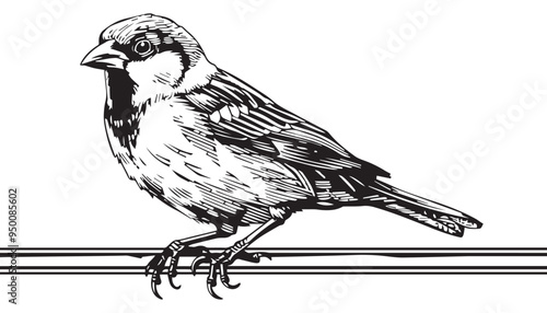  Vintage Engraved sparrow Bird on Branch Vector Illustration in Woodcut Style with Detailed Sketch
