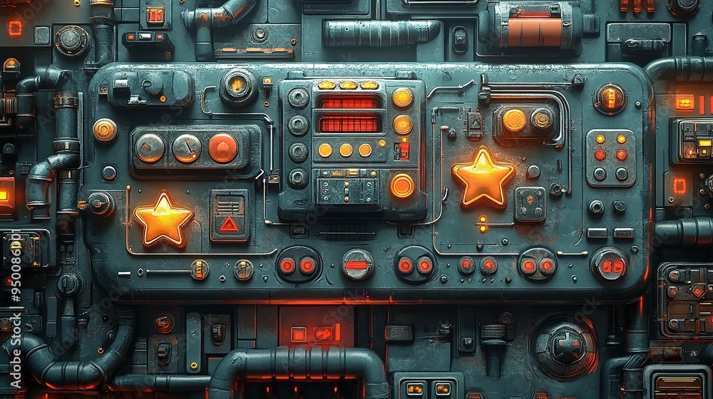 Futuristic Control Panel with Glowing Buttons and Pipes Futuristic Control Panel with Glowing Buttons and Pipes