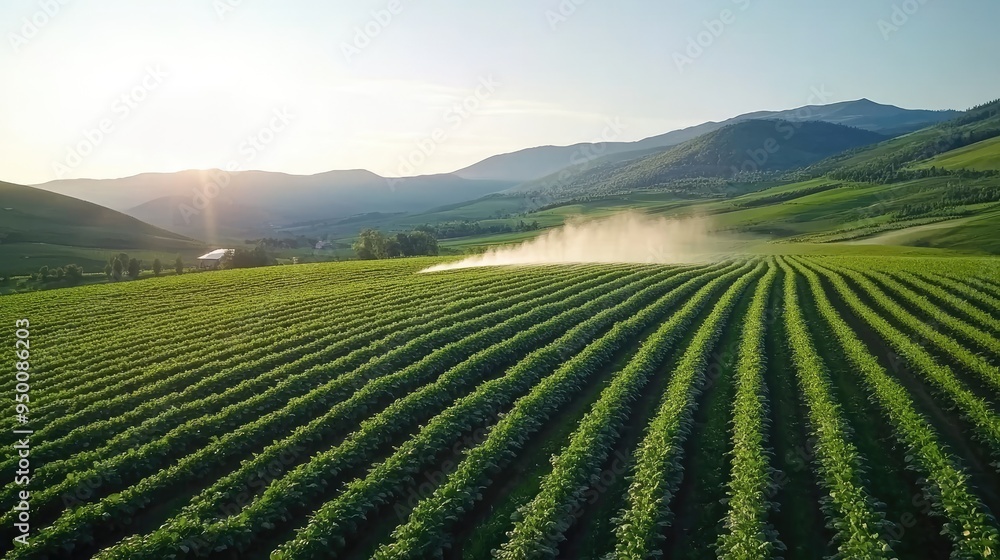 Large sprinklers deliver fresh water to vibrant potato fields, enhancing crop growth and ensuring healthy plants in sunny weather Large sprinklers deliver fresh water to vibrant potato fields, enhancing crop growth and ensuring healthy plants in sunny weather