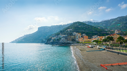 Fototapeta Naklejka Na Ścianę i Meble -  Minori town in Amalfi coast, beach view. Italy