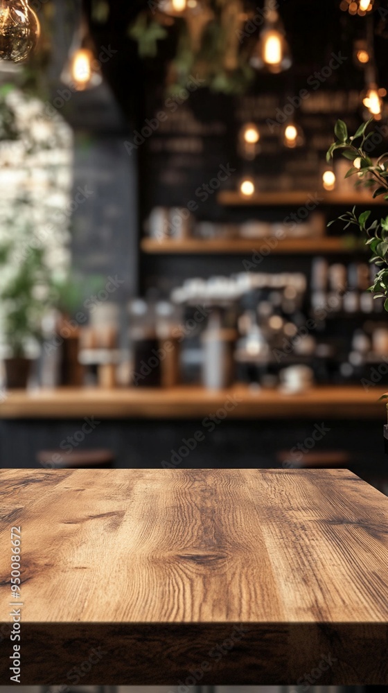 Rustic wooden table in foreground of cozy cafe interior, warm ambient lighting from hanging bulbs creates inviting atmosphere for coffee lovers. Rustic wooden table in foreground of cozy cafe interior, warm ambient lighting from hanging bulbs creates inviting atmosphere for coffee lovers.