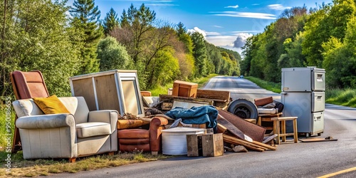 An image showing various bulky waste items such as old furniture, appliances, and tires discarded on the side of the road