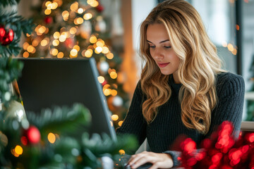 Young woman shopping online using laptop at home during christmas holidays
