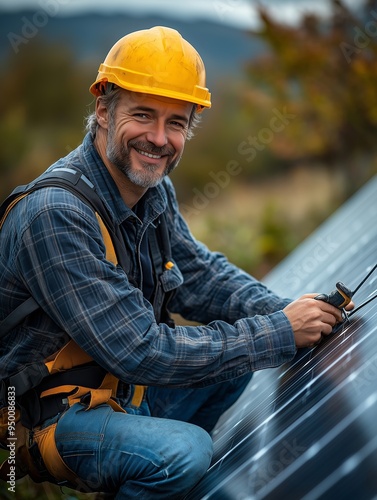 A man wearing a yellow helmet, a black shirt and blue jeans is working on a solar panel, smiling at the camera, holding tools in his hand, in a top view, with an isolated background,