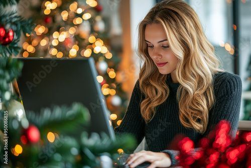 Young woman shopping online using laptop at home during christmas holidays