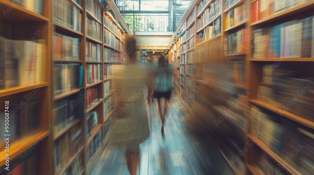 Blurred figures navigate towering bookshelves in a sunlit library, capturing the swift pace of knowledge seekers amidst a vast sea of literature and learning. Blurred figures navigate towering bookshelves in a sunlit library, capturing the swift pace of knowledge seekers amidst a vast sea of literature and learning.