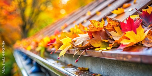 Fototapeta Naklejka Na Ścianę i Meble -  Closeup of clogged rain gutter with colorful fall leaves, concept of home maintenance and repair