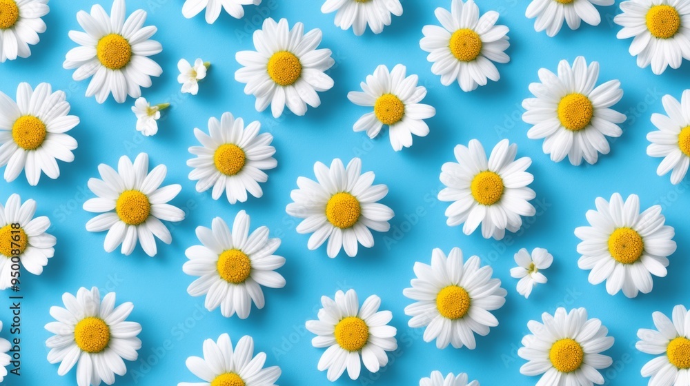 A blue background with a large number of white daisies. The daisies are arranged in a pattern, with some overlapping and some standing alone A blue background with a large number of white daisies. The daisies are arranged in a pattern, with some overlapping and some standing alone