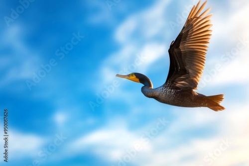 A bird is flying in the sky with a blue background. The bird is black and yellow photo