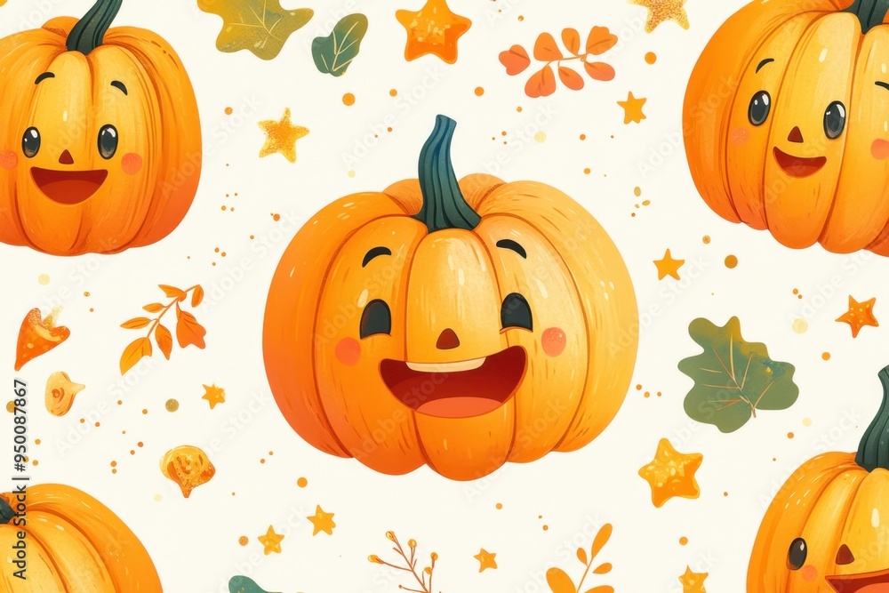 Pumpkins with Smiling Faces and Stars on Light Background Pumpkins with Smiling Faces and Stars on Light Background