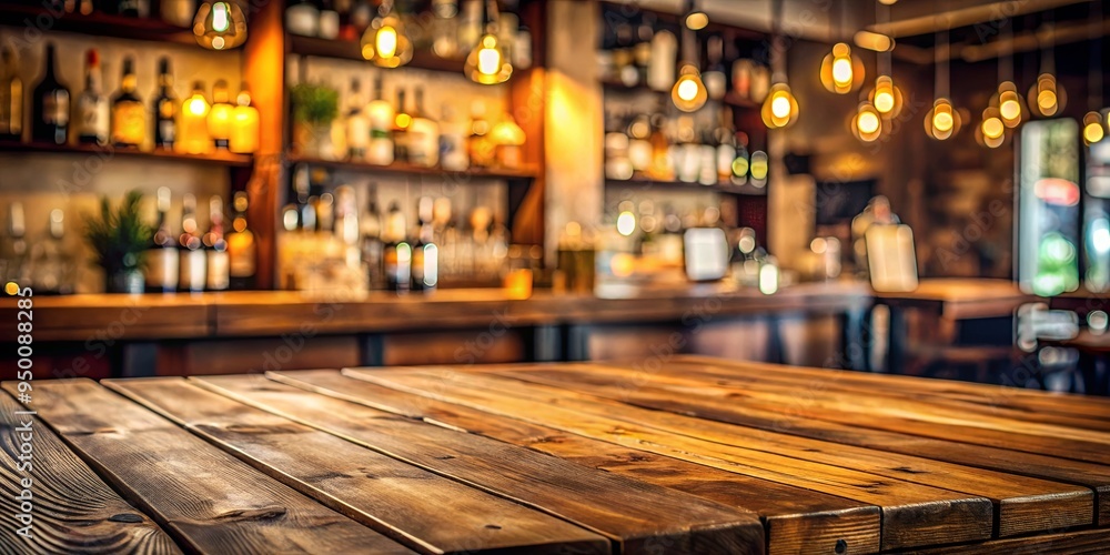 Wooden table with blurred beverages bar in the background, perfect for a cozy cafe setting Wooden table with blurred beverages bar in the background, perfect for a cozy cafe setting