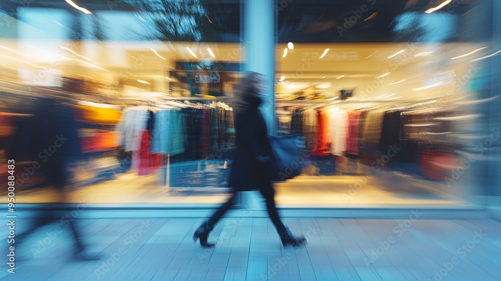 Blurred motion of shoppers passing by a brightly lit clothing store window, capturing the bustling energy of urban retail and consumerism in action. Blurred motion of shoppers passing by a brightly lit clothing store window, capturing the bustling energy of urban retail and consumerism in action.