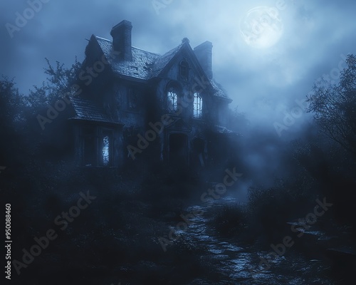 Haunted house with broken windows, eerie shadows, fogcovered front yard, dimly lit by a full moon, high detail, gothic and spooky atmosphere photo