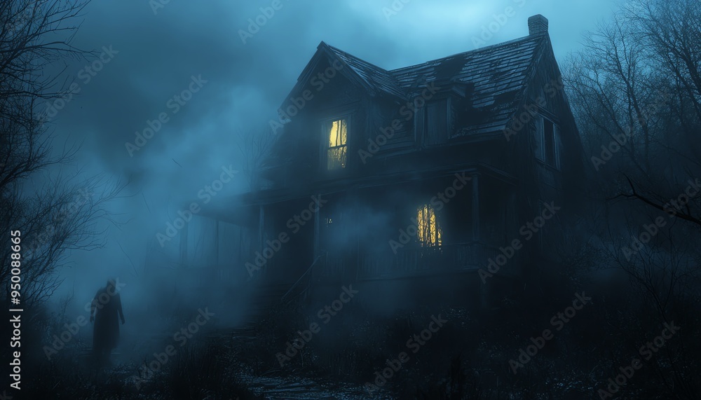 Haunted house with shadowy figures in the windows, dark and foggy night, eerie glow, high detail, spooky and unsettling ambiance Haunted house with shadowy figures in the windows, dark and foggy night, eerie glow, high detail, spooky and unsettling ambiance
