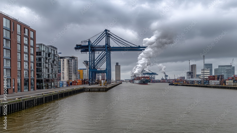 Obraz premium Cranes and cargo ships dominate the port area, with industrial smoke rising from a nearby power plant, showcasing a bustling maritime environment