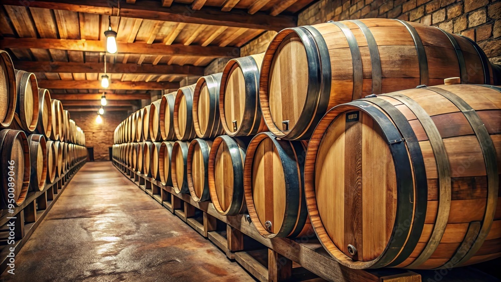 Closeup of large wooden barrels in a wine cellar, showcasing the rustic texture and craftsmanship Closeup of large wooden barrels in a wine cellar, showcasing the rustic texture and craftsmanship