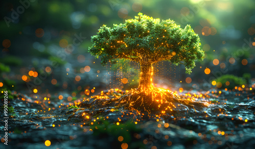 A tree with glowing roots is surrounded by a dark, rocky landscape. The glowing roots give the tree an otherworldly, ethereal appearance, while the rocky terrain adds a sense of depth