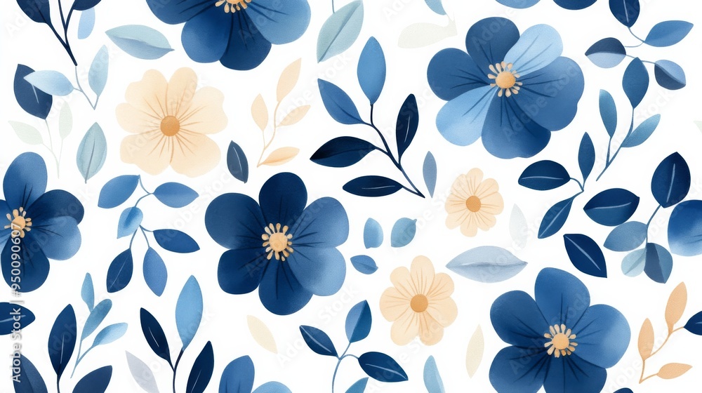 A blue and white floral pattern with a blue flower in the center. The blue flowers are surrounded by green leaves A blue and white floral pattern with a blue flower in the center. The blue flowers are surrounded by green leaves