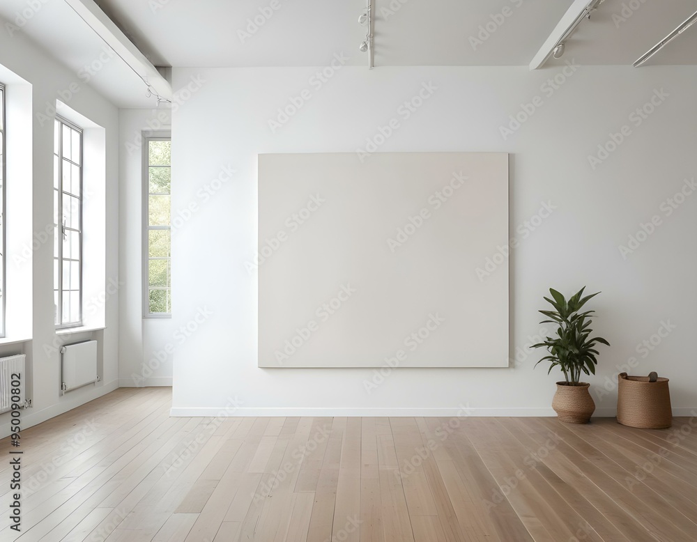 A large white canvas hanging on a white wall in a spacious room with wooden floors and large windows. A large white canvas hanging on a white wall in a spacious room with wooden floors and large windows.