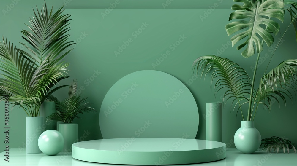 Minimalist green podium display with tropical plants, creating a serene and modern aesthetic for product presentation or interior design concept. Minimalist green podium display with tropical plants, creating a serene and modern aesthetic for product presentation or interior design concept.