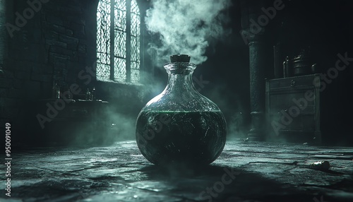 Potion with ghostly mist emerging from it in a shadowy, old wizards workshop, dark and mysterious surroundings, high detail, enchanting and spooky photo