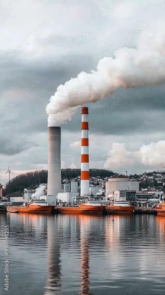 Cranes and cargo ships dominate the port area, with industrial smoke rising from a nearby power plant, showcasing a bustling maritime environment Cranes and cargo ships dominate the port area, with industrial smoke rising from a nearby power plant, showcasing a bustling maritime environment