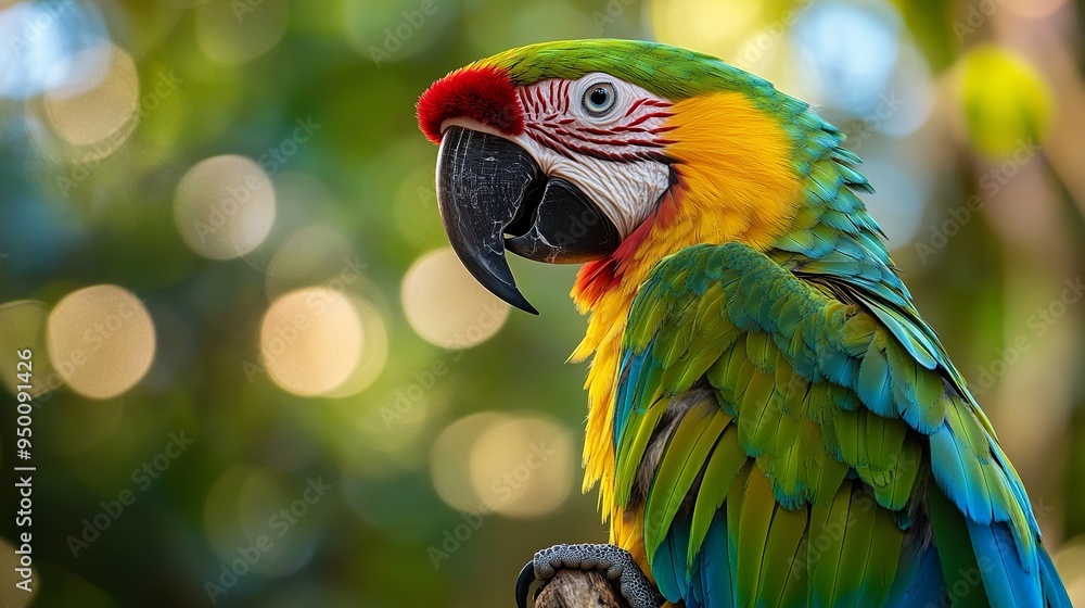 Obraz premium Vivid hues adorn nature's canvas. A Great-Green Macaw's piercing gaze against a vibrant backdrop, a symphony of colors that captivates the senses. 