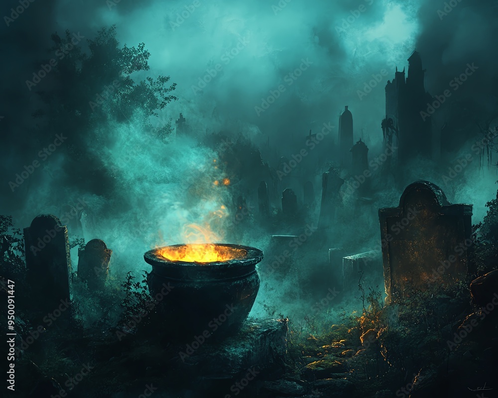 Rusty cauldron with swirling, spectral mist in a dark, overgrown graveyard, eerie fog and glowing tombstones, high detail, haunting and gothic Rusty cauldron with swirling, spectral mist in a dark, overgrown graveyard, eerie fog and glowing tombstones, high detail, haunting and gothic