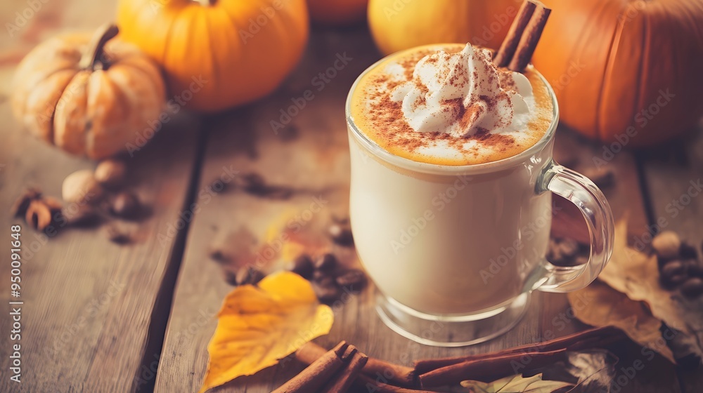 A warm pumpkin spice latte with whipped cream and cinnamon sticks, perfect for a cozy autumn day. A warm pumpkin spice latte with whipped cream and cinnamon sticks, perfect for a cozy autumn day.