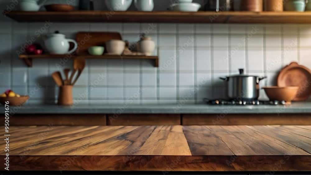 Empty Wooden Countertop in a Kitchen with White Tile Backsplash Empty Wooden Countertop in a Kitchen with White Tile Backsplash