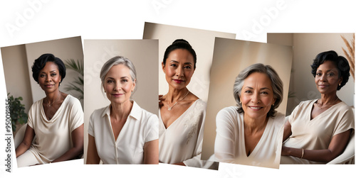 multi ethnic group of women of menopause age satisfied, confident and happy over white isolated background 