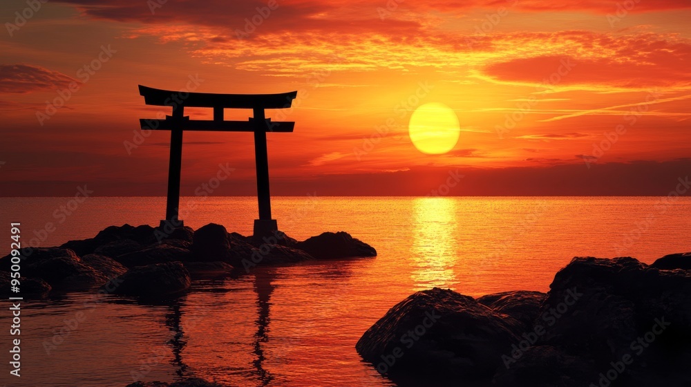 Japanese Torii Gate Silhouetted Against Vibrant Sunset Over Ocean Japanese Torii Gate Silhouetted Against Vibrant Sunset Over Ocean
