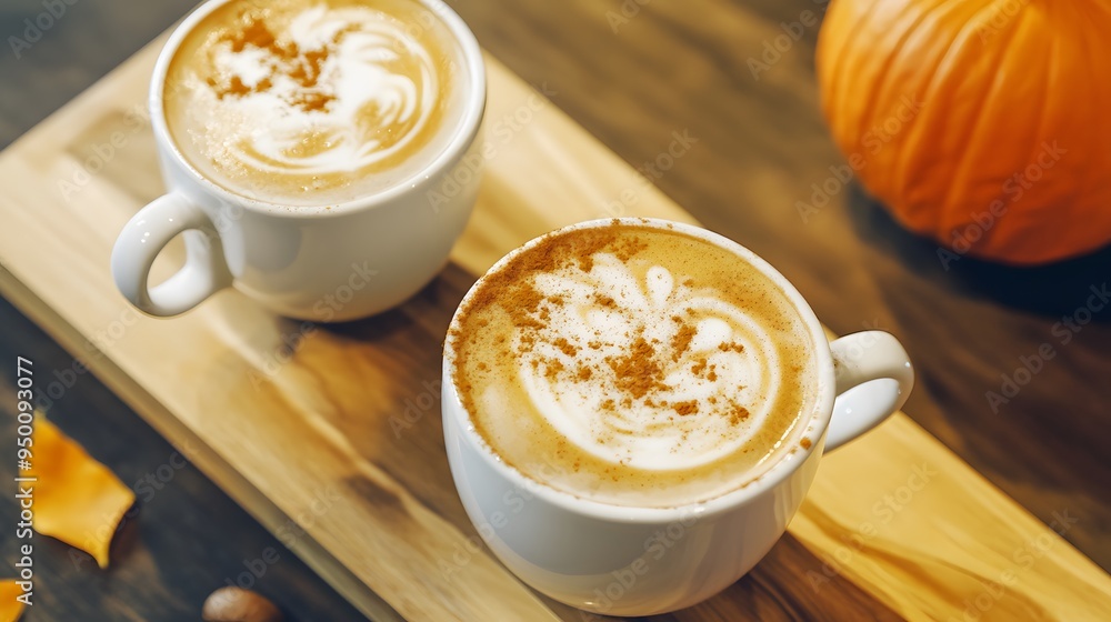 Two pumpkin spice lattes with cinnamon on top. Two pumpkin spice lattes with cinnamon on top.