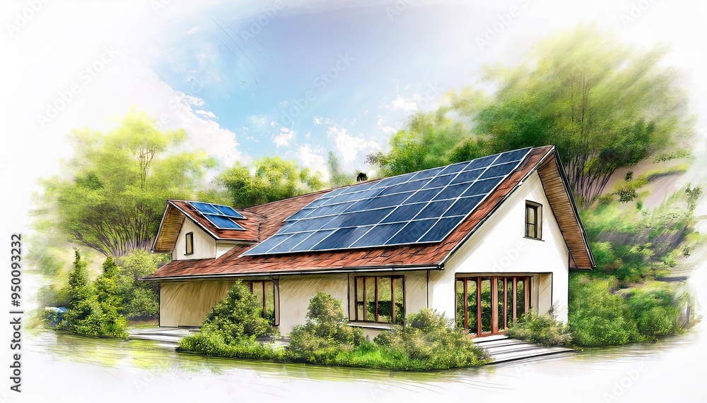 Illustration of an eco-friendly house with solar panels and lush greenery, emphasizing sustainability and renewable energy source Illustration of an eco-friendly house with solar panels and lush greenery, emphasizing sustainability and renewable energy source