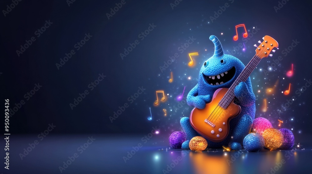 Naklejka premium Monster playing guitar, musical notes around.