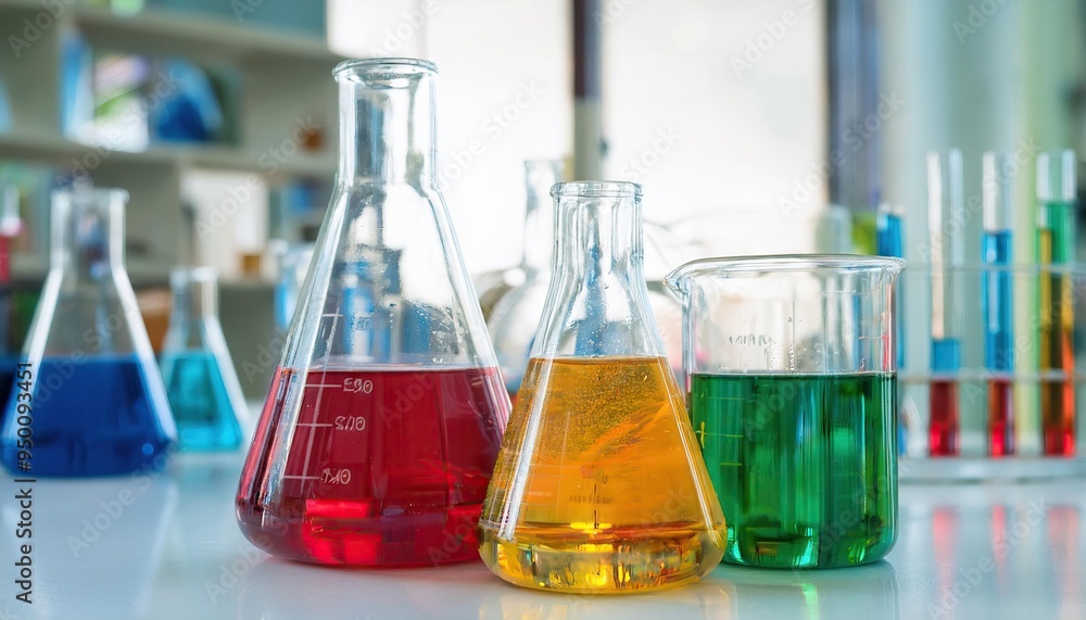 Group of laboratory flasks and beaker for experiment with color liquid in science laboratory Group of laboratory flasks and beaker for experiment with color liquid in science laboratory