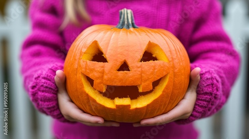 Close-Up of Jack-o'-Lantern with Mischievous Grin Held by Child's Hands photo