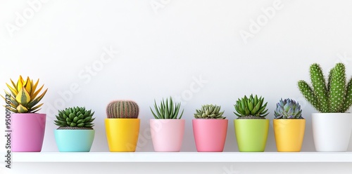 Colorful Cacti and Succulents in Pastel Pots: Home Garden Concept photo